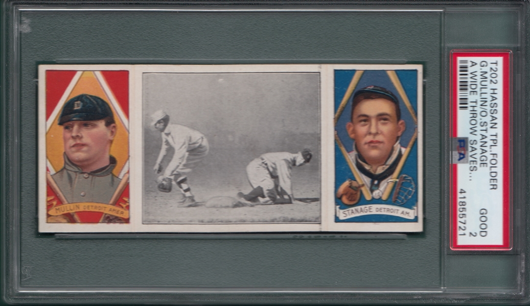 1912 T202 A Wide Throw Saves Crawford, Mullin/Stanage, Hassan Cigarettes, PSA 2