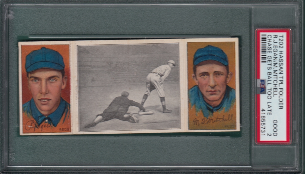 1912 T202 Chase Gets Ball Too Late, Egan/Mitchell, Hassan Cigarettes, PSA 2