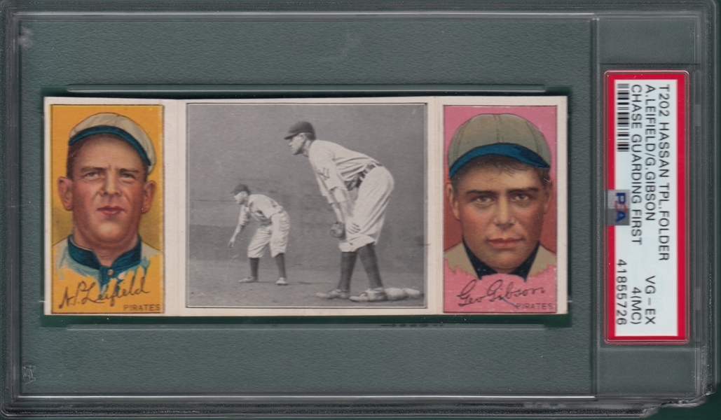 1912 T202 Chase Guarding First, Leifield/Gibson, Hassan Cigarettes, PSA 4 (MC)