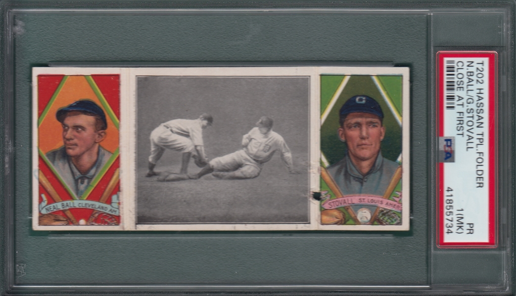 1912 T202 Close At First, Ball/Stovall, Hassan Cigarettes, PSA 1 (MK)