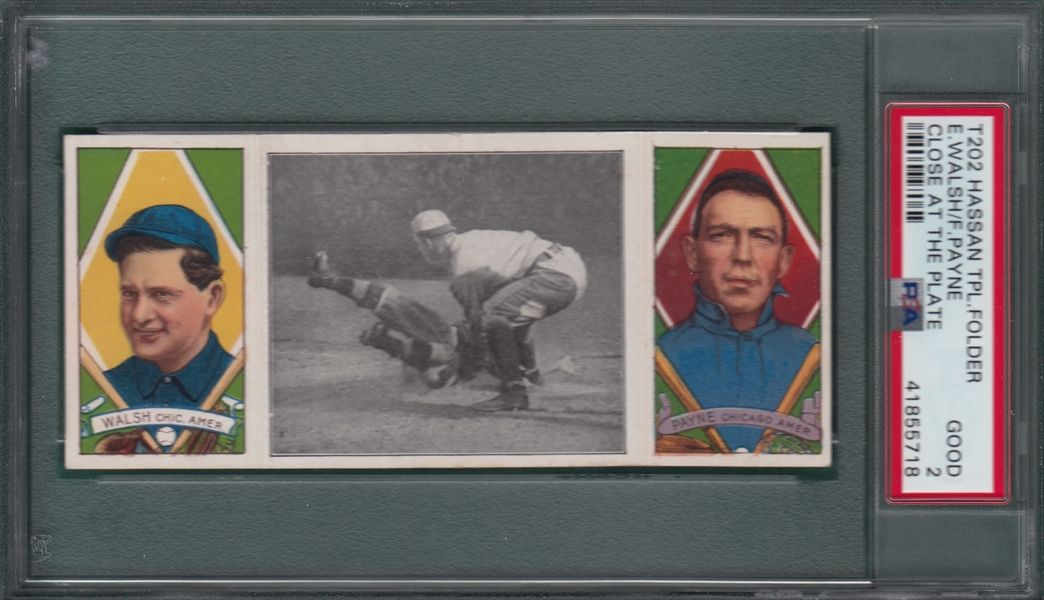 1912 T202 Close At the Plate, Walsh/Payne, Hassan Cigarettes, PSA 2
