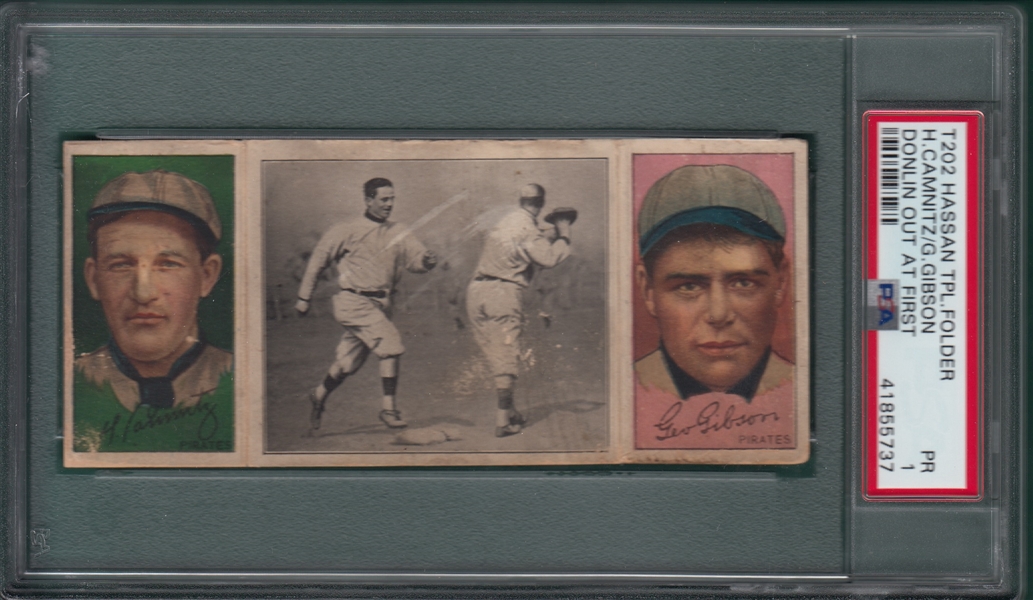 1912 T202 Donlin Out At First, Camnitz/Gibson, Hassan Cigarettes, PSA 1