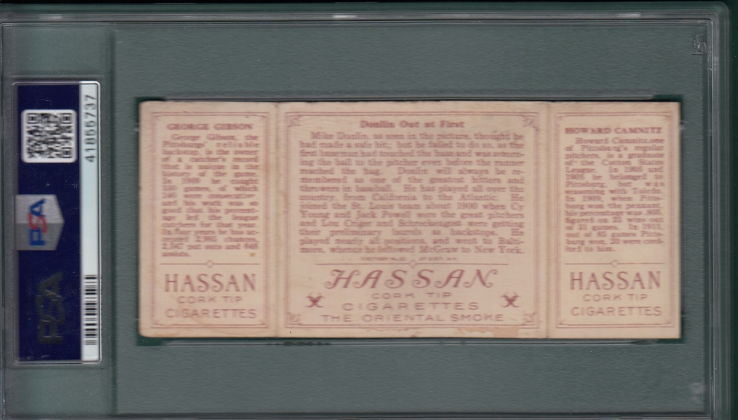 1912 T202 Donlin Out At First, Camnitz/Gibson, Hassan Cigarettes, PSA 1