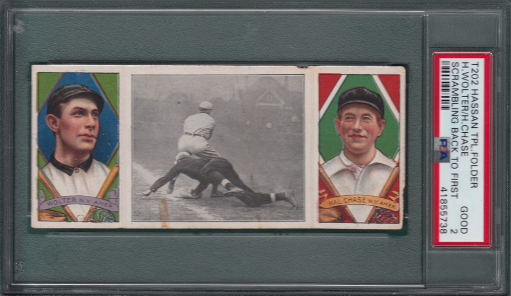 1912 T202 Scrambling Back To First, Chase/Wolter, Hassan Cigarettes, PSA 2