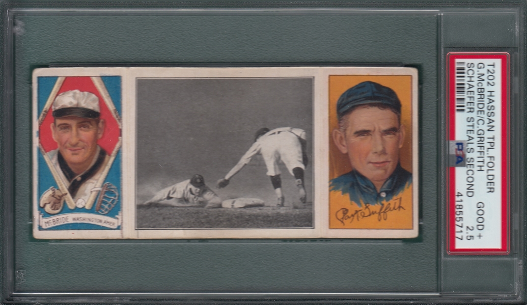 1912 T202 Schaefer Steals Second, McBride/Griffith, Hassan Cigarettes, PSA 2.5