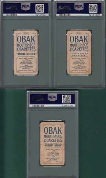 1910 T212-2 Hickey, Kippert & Bodie, Obak Cigarettes, Lot of (3), PSA 1 