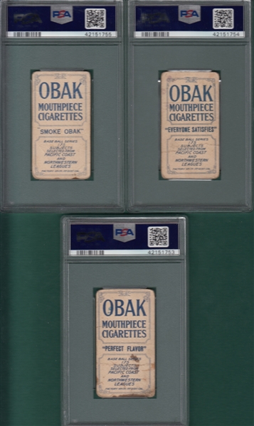 1910 T212-2 Dillon, Klein & Murphy, Obak Cigarettes, Lot of (3), PSA 1 