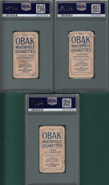1910 T212-2 Mott, Starkell, & Stevens, Obak Cigarettes, Lot of (3), PSA 1.5