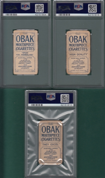 1910 T212-2 Baker, Byrnes & Warren, Obak Cigarettes, Lot of (3), PSA 1.5