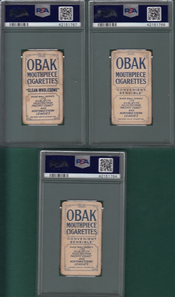 1910 T212-2 Lively, Nelson & Swander, Obak Cigarettes, Lot of (3), PSA 1.5