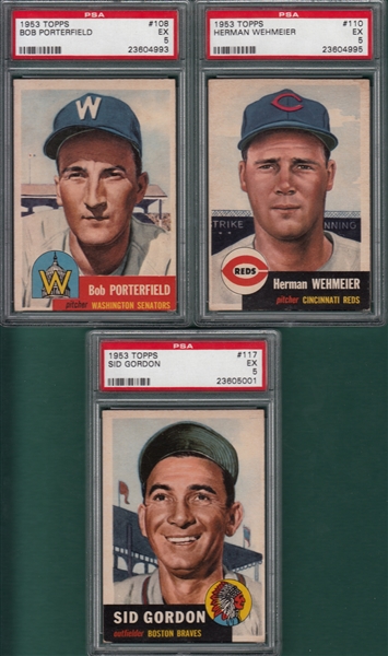 1953 Topps #108 Porterfield, #110 Wehmeier & #117 Gordon, Lot of (3), PSA 5