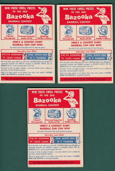 1957 Topps June 22 Bazooka Contest Card, Lot of (3)