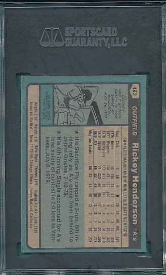 1980 Topps #482 Rickey Henderson SGC 8 *Rookie*