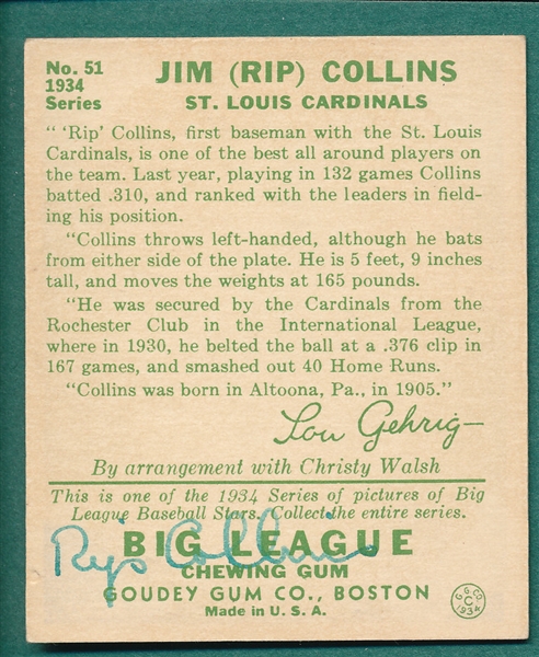 1934 Goudey #51 Rip Collins (Signed) & #33 Frank Hurst SGC 55, Lot of (2)