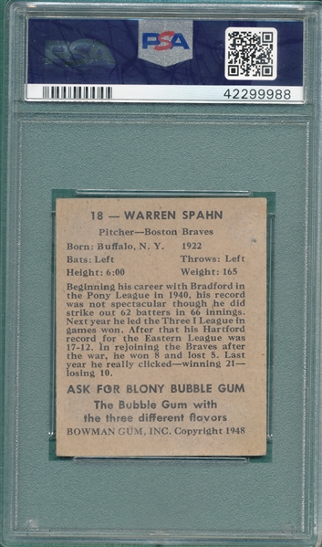 1948 Bowman #18 Warren Spahn PSA 5 *Rookie*