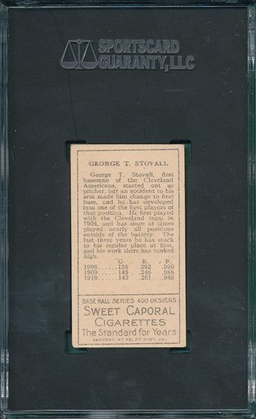 1911 T205 Stovall Sweet Caporal Cigarettes SGC Authentic *Great Presentation*