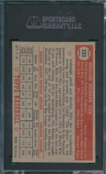 1952 Topps #232 Billy Cox SGC 5
