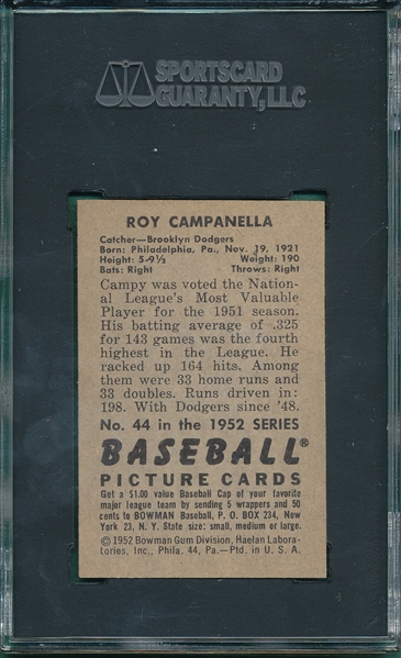 1952 Bowman #44 Roy Campanella SGC 6.5