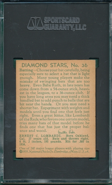 1934-36 Diamond Stars #36 Earnie Lombardi SGC 5