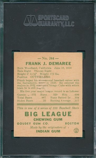 1938 Goudey Heads Up #244 Frank Demaree SGC 1.5 *Presents Much Better*