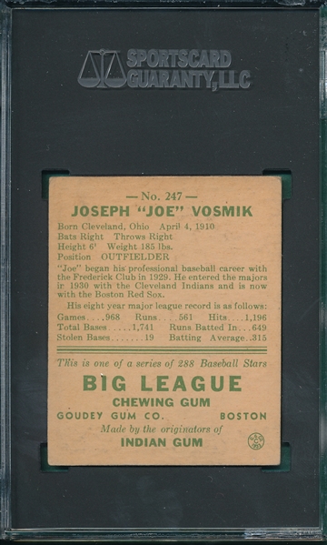 1938 Goudey Heads Up #247 Joe Vosmik SGC 2.5 *Presents Much Better*