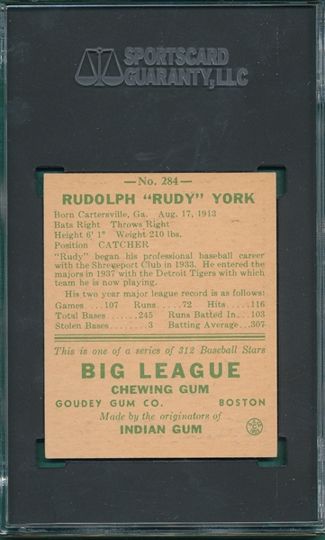 1938 Goudey Heads Up #284 Rudy York SGC 3 *Presents Much Better*