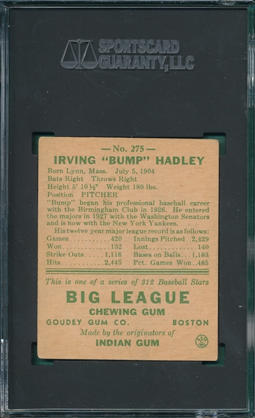 1938 Goudey Heads Up #275 Bump Hadley SGC 4