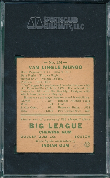 1938 Goudey Heads Up #254 Van Lingle Mungo SGC 5