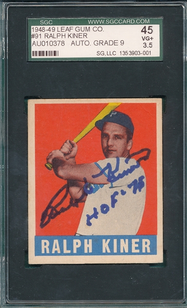 1948-49 Leaf #91 Ralph Kiner, Signed, SGC 45 *Rookie*