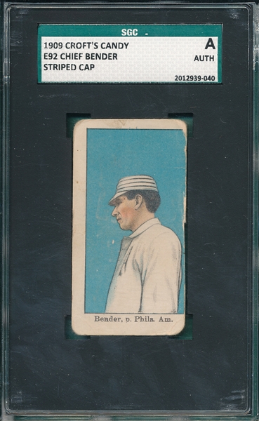 1909 E92 Bender, Striped Hat, Croft's Candy SGC Authentic