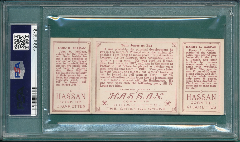 1912 T202 Tom Jones At Bat, Gaspar/McLean, Hassan Cigarettes PSA 5
