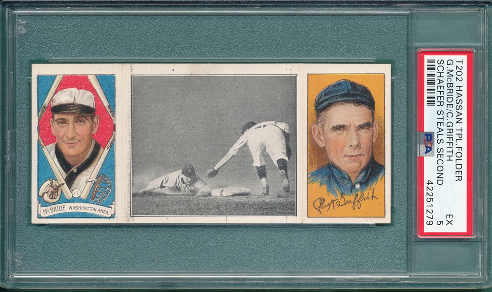 1912 T202 Schaefer Steals Second, McBride/Griffith, Hassan Cigarettes PSA 5