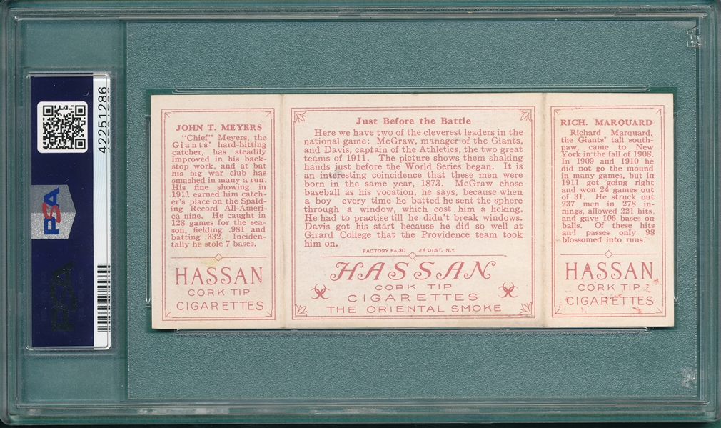 1912 T202 Just Before the Battle, Marquard/Meyers, Hassan Cigarettes PSA 5