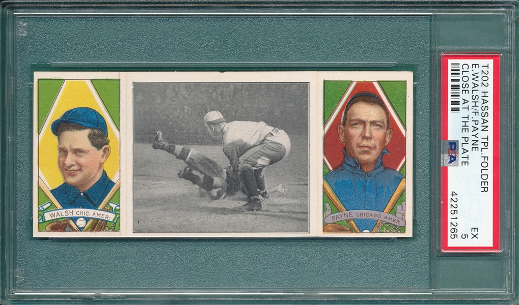 1912 T202 Close At the Plate, Payne/Walsh, Hassan Cigarettes PSA 5