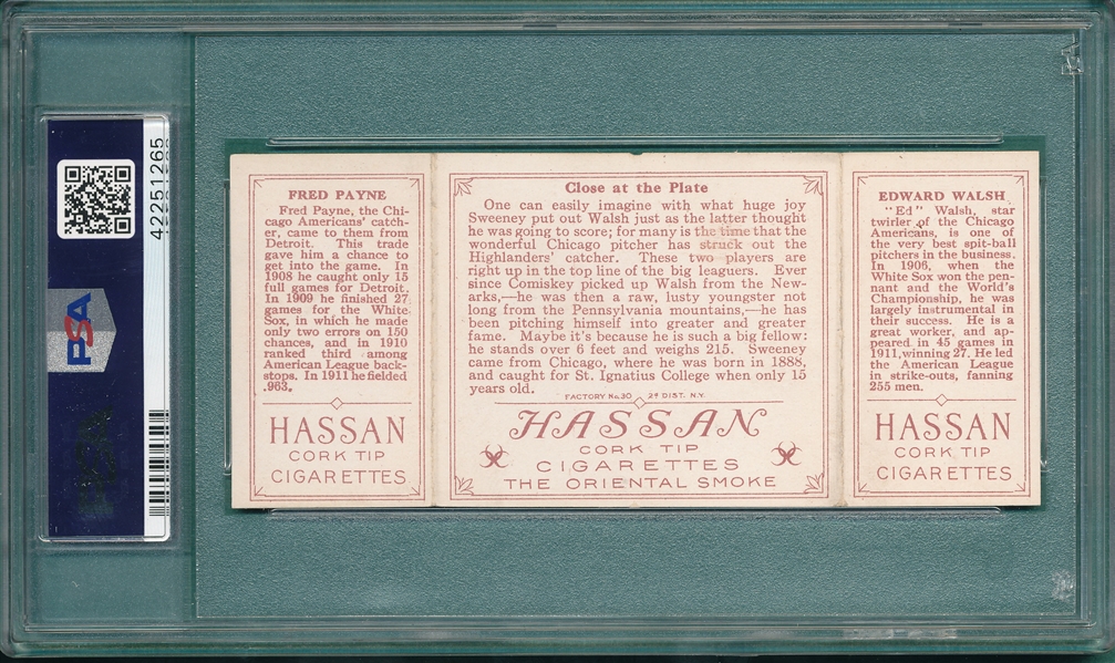 1912 T202 Close At the Plate, Payne/Walsh, Hassan Cigarettes PSA 5