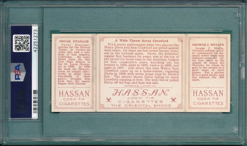 1912 T202 A Wide Throw Saves Crawford, Mullin/Stanage, Hassan Cigarettes PSA 5