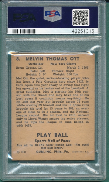 1941 Play Ball #8 Mel Ott PSA 4.5