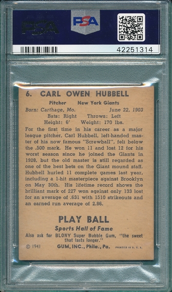 1941 Play Ball #6 Carl Hubbell PSA 5