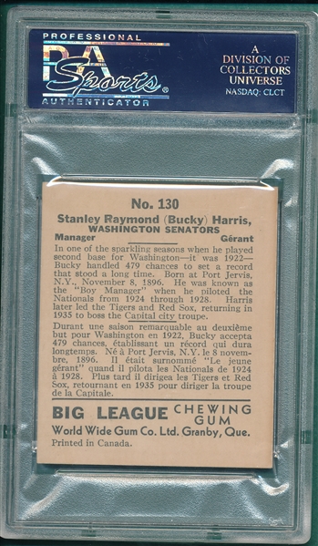 1936 V355 #130 Bucky Harris World Wide Gum PSA 7 *Only One Graded Higher*