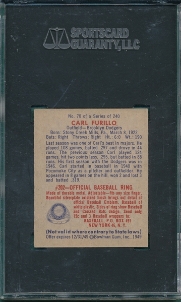 1949 Bowman #70 Carl Furillo SGC 80
