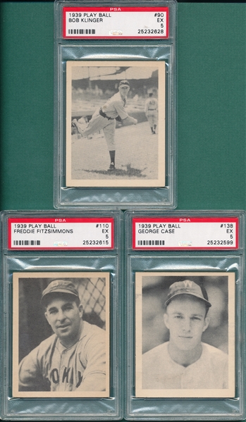 1939 Play Ball #90 Linger, #110 Fitzsimmons and #138 Case, Lot of (3), PSA 5