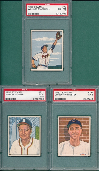 1950 Bowman #73 Marshall, *SP*, #111 Cooper and #197 Wyrostek, Lot of (3), PSA 