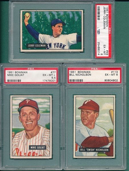 1951 Bowman #49 Coleman, #77 Goliat & #113 Nicholson, Lot of (3), PSA