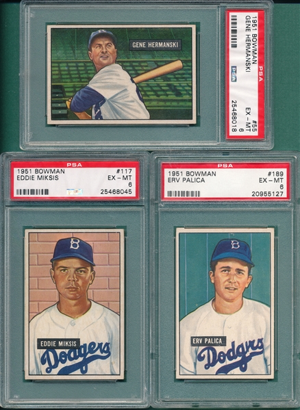 1951 Bowman #55 Hermanski, #117 Miksis & #189 Palica, Lot of (3) Dodgers, PSA 6