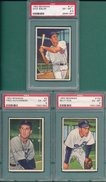 1952 Bowman #3 Hutchinson, #152 Cox & #127 Sisler Lot of (3), PSA 