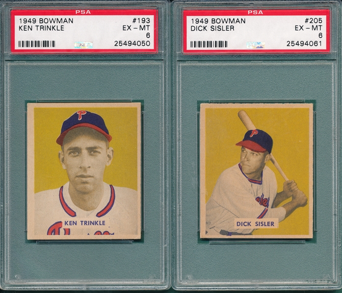 1949 Bowman #193 Trinkle & #205 Sisler, Lot of (2) Phillies, PSA 6 *Hi #*