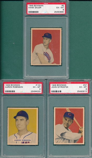 1949 Bowman #5 Sauer, #37 Wyrostek & #133 Robinson, Lot of (3), PSA 6 