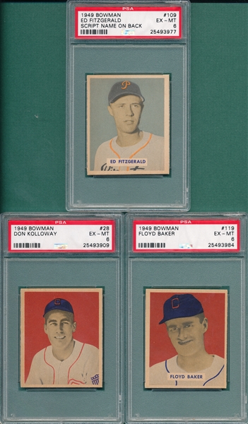 1949 Bowman #28 Kolloway, #109 Fitzgerald & #119 Baker, Lot of (3), PSA 6 