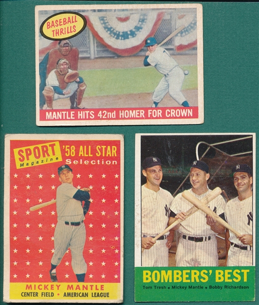 1958-63 Topps Mickey Mantle, Lot of (3)