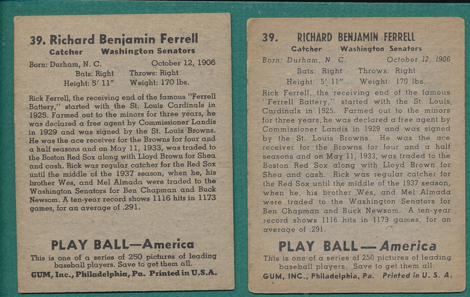 1939 Play Ball #39 Rick Ferrell, Two Variations, Lot of (2)